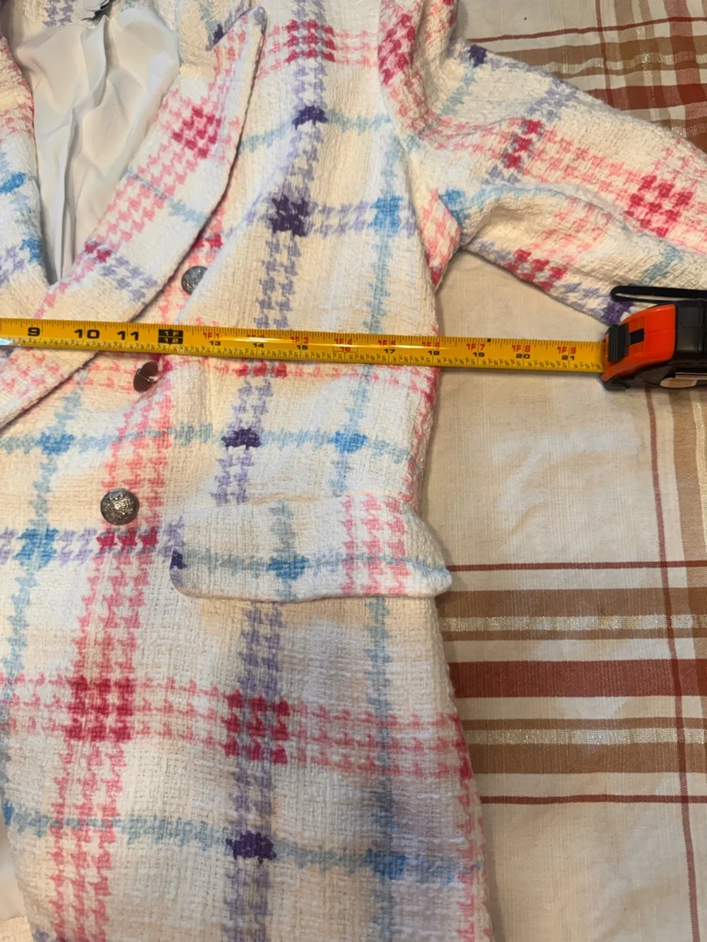 Maison d’Amelie Paris Blazer L Pastel Plaid Tweed Double Breasted Preppy Chic E